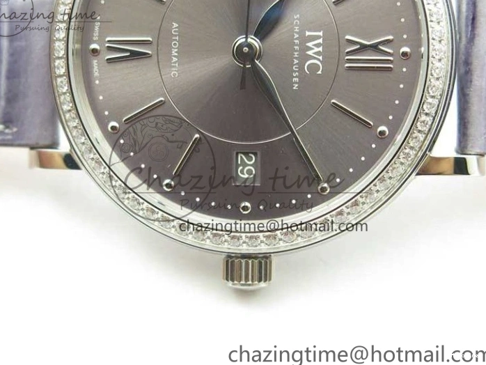 MIROTIME 0227 Attractive Portofino 37mm SS V7F 1:1 Best Edition Gray Dial Diamonds Bezel on Gray Leather Strap A 7091